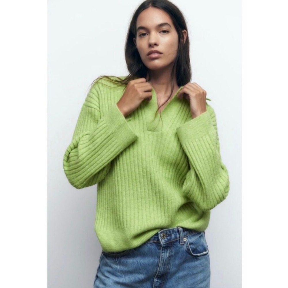 Zara Ribbed‎ Knit Polo Sweater Collared Small Lime Green V-Neck Long Sleeve